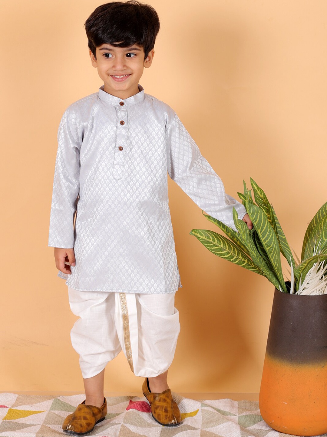 

BAESD Boys Ethnic Motifs Woven Design Band Collar Straight Kurta with Dhoti Pants, Grey