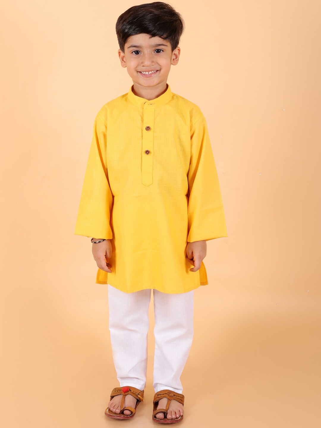 

BAESD Boys Band Collar Long Sleeves Regular Kurta With Pyjamas, Yellow