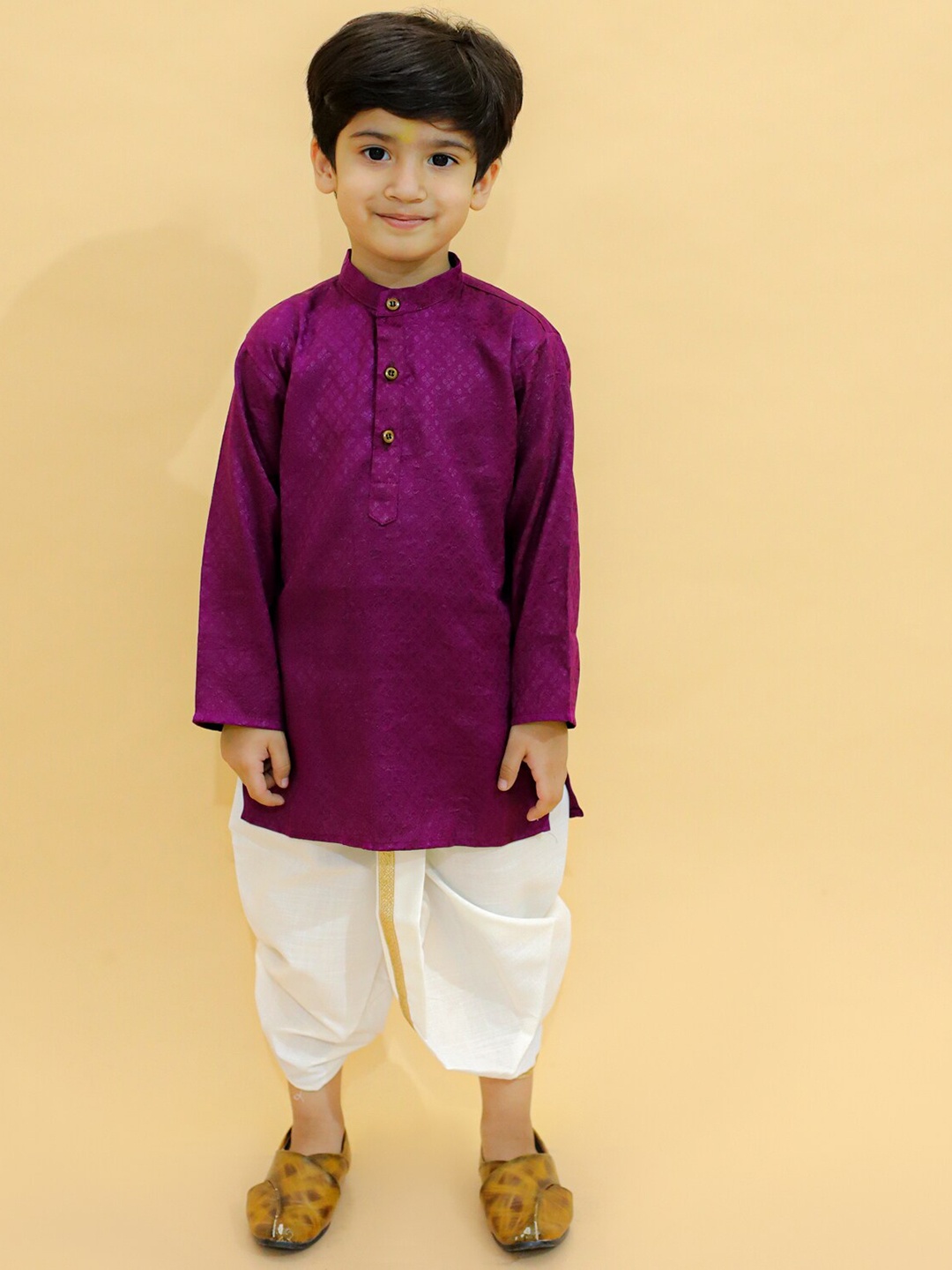 

BAESD Boys Ethnic Motifs Band Collar Long Sleeves Regular Kurta With Dhoti Pants, Purple