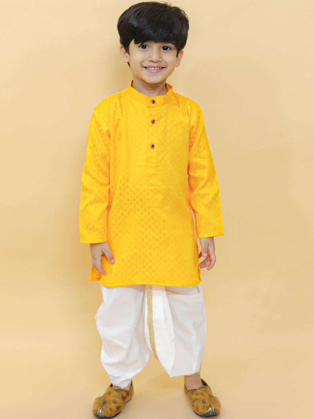 

BAESD Boys Ethnic Motifs Printed Mandarin Collar Kurta With Dhoti Pants, Yellow