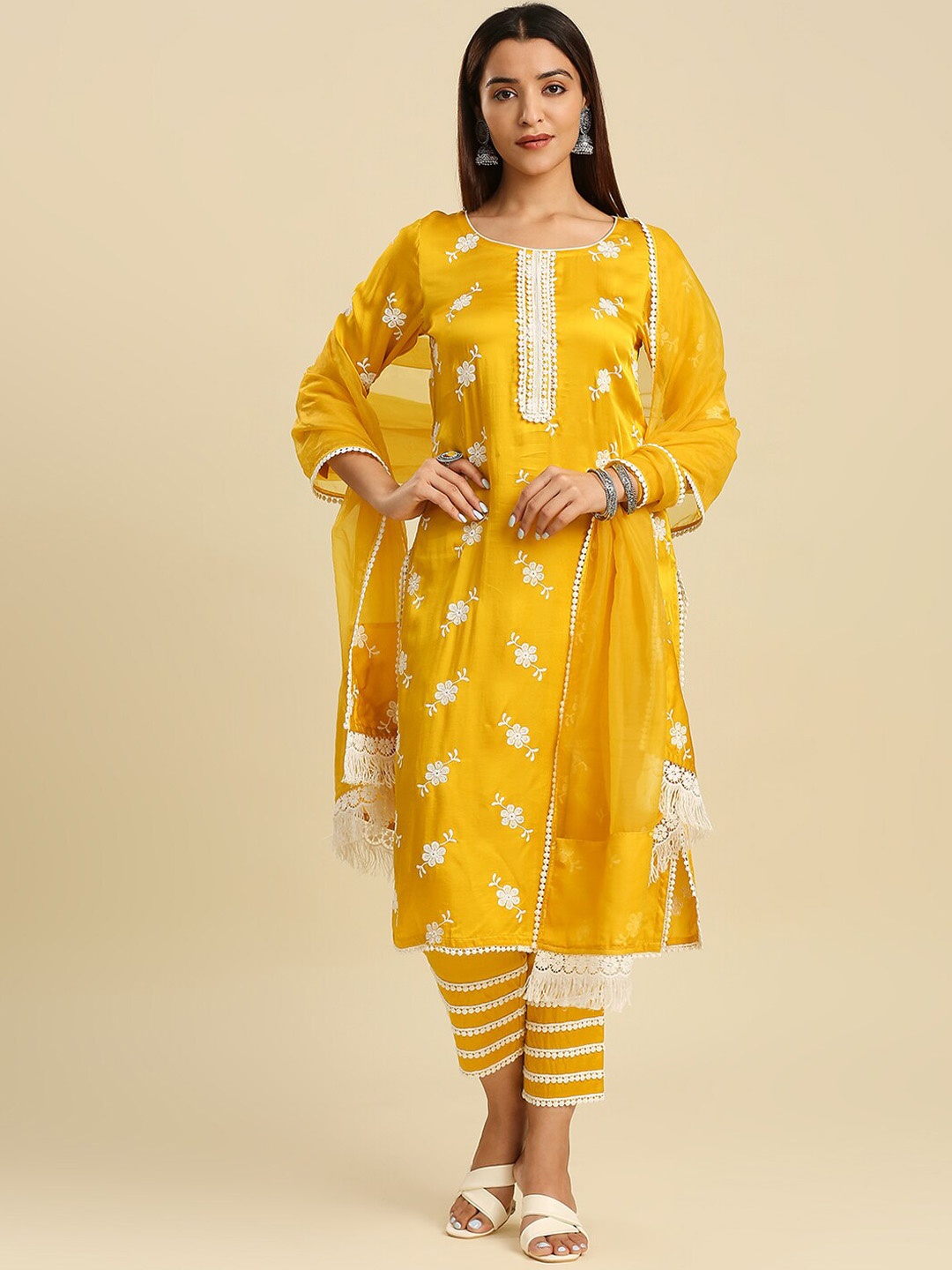 

Hakoba Floral Embroidered Satin Straight Kurta & Trousers With Dupatta, Mustard