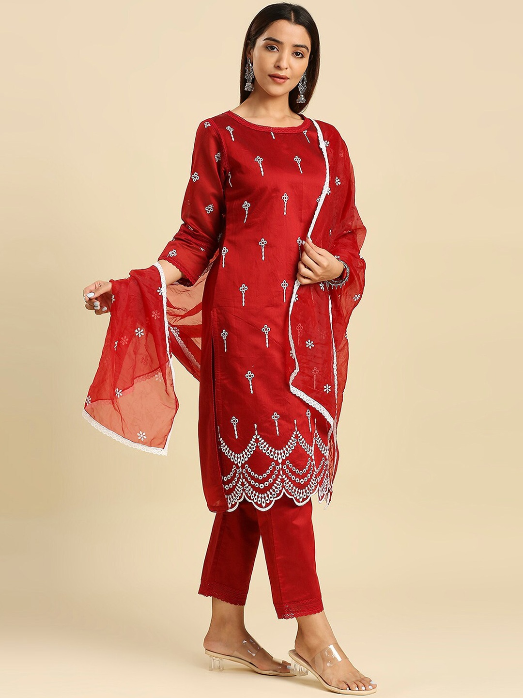 

Hakoba Floral Embroidered Chanderi Silk Kurta With Trouser & Dupatta, Red