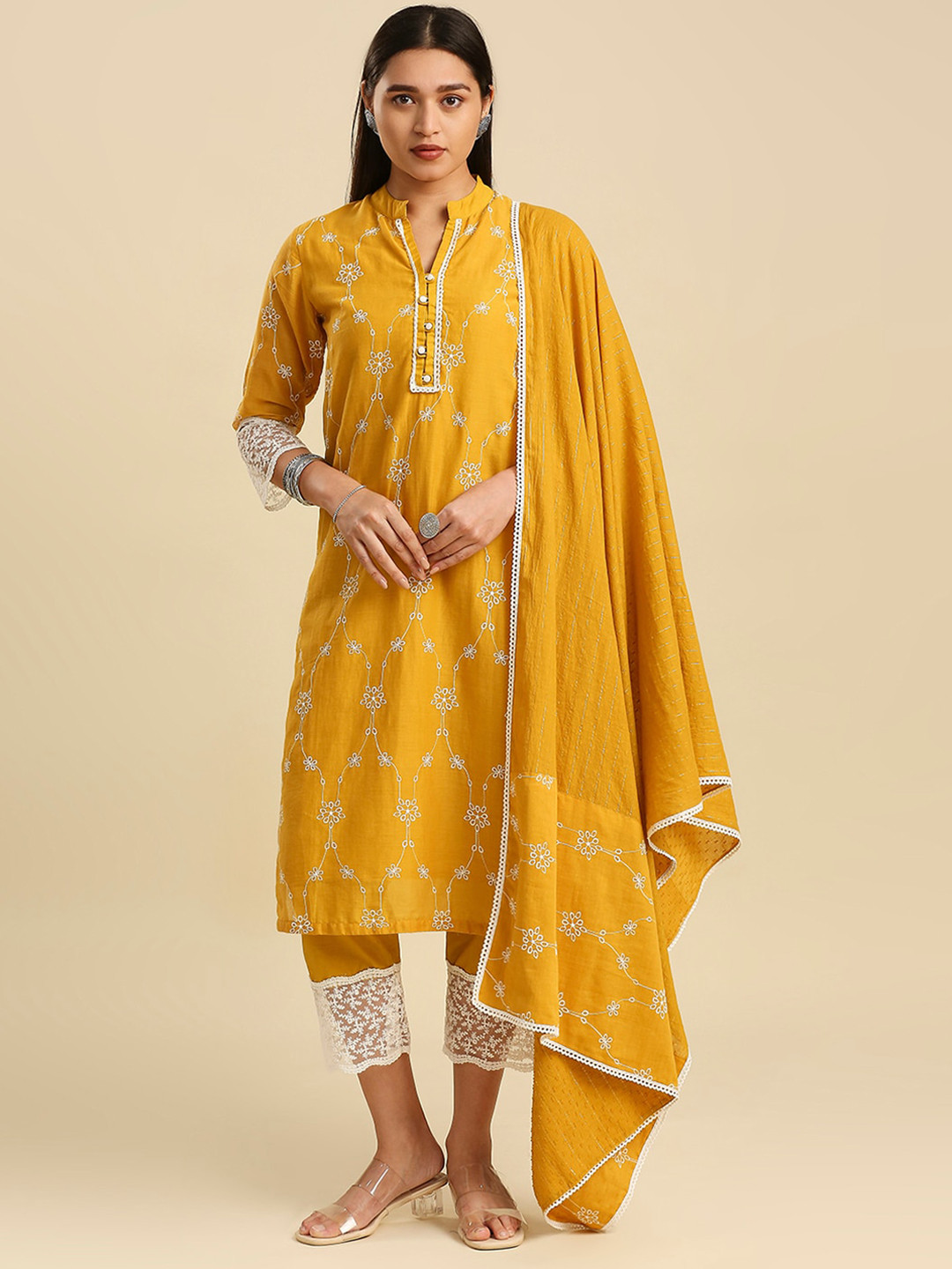 

Hakoba Ethnic Motif Embroidered Pure Cotton Straight Kurta & Trousers With Dupatta, Mustard