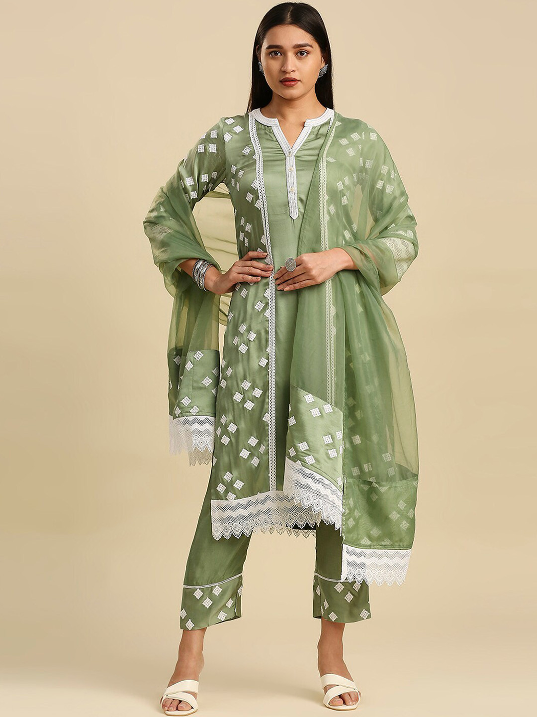 

Hakoba Ethnic Motifs Embroidered Thread Work Satin Kurta with Trousers & Dupatta, Green