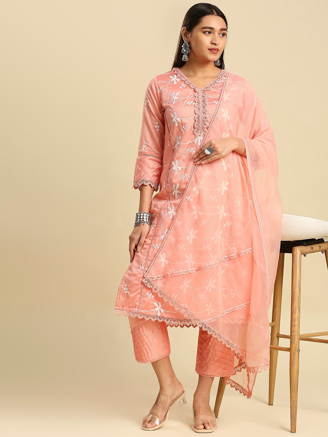 

Hakoba Ethnic Motif Embroidered Straight Kurta & Trousers With Dupatta, Peach