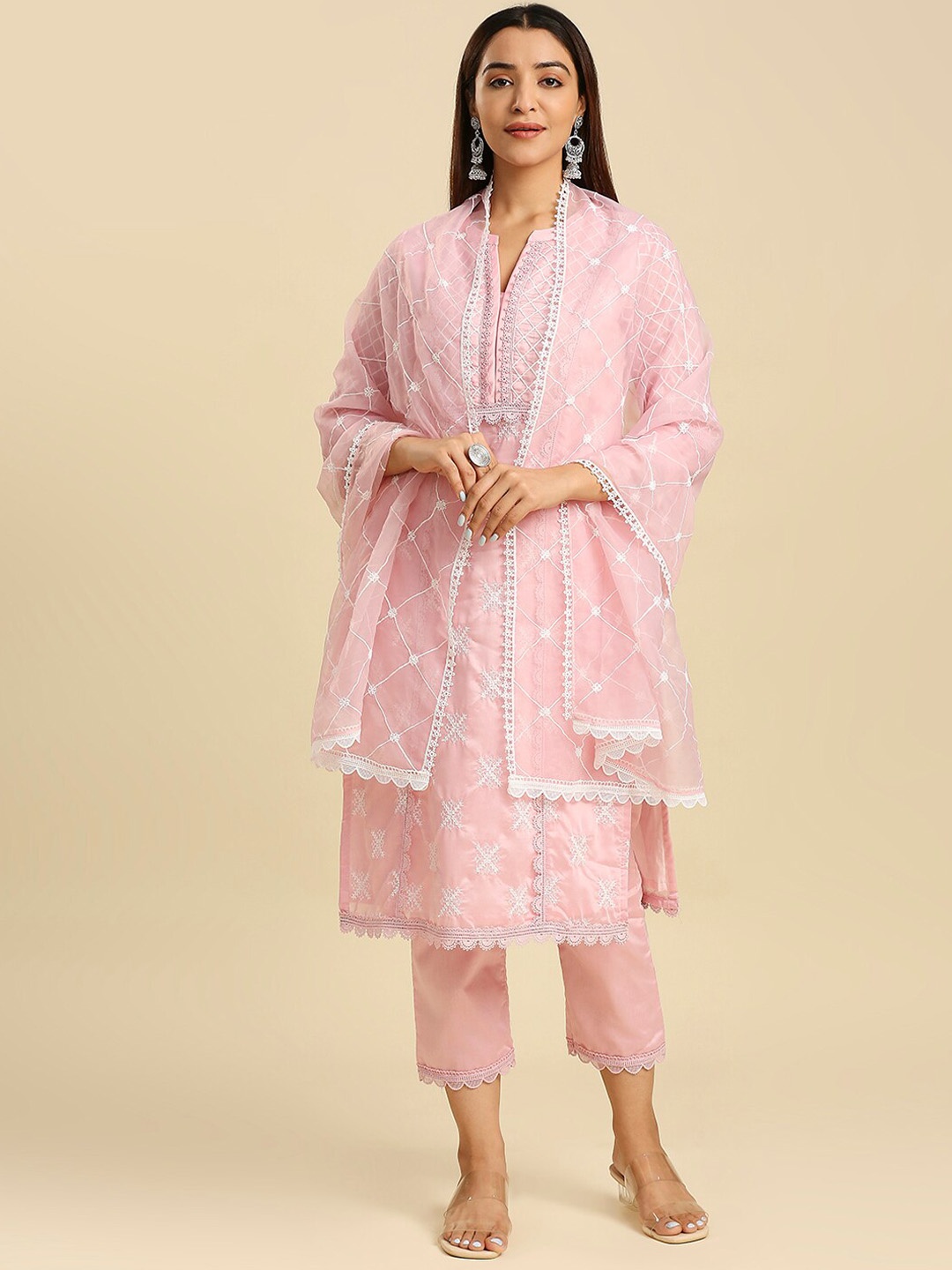 

Hakoba Geometric Embroidered Kurta with Trousers & Dupatta, Pink