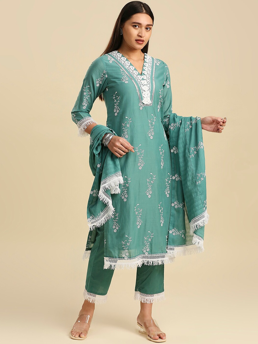 

Hakoba Ethnic Motifs Embroidered Thread Work Pure Cotton Kurta With Trousers & Dupatta, Green