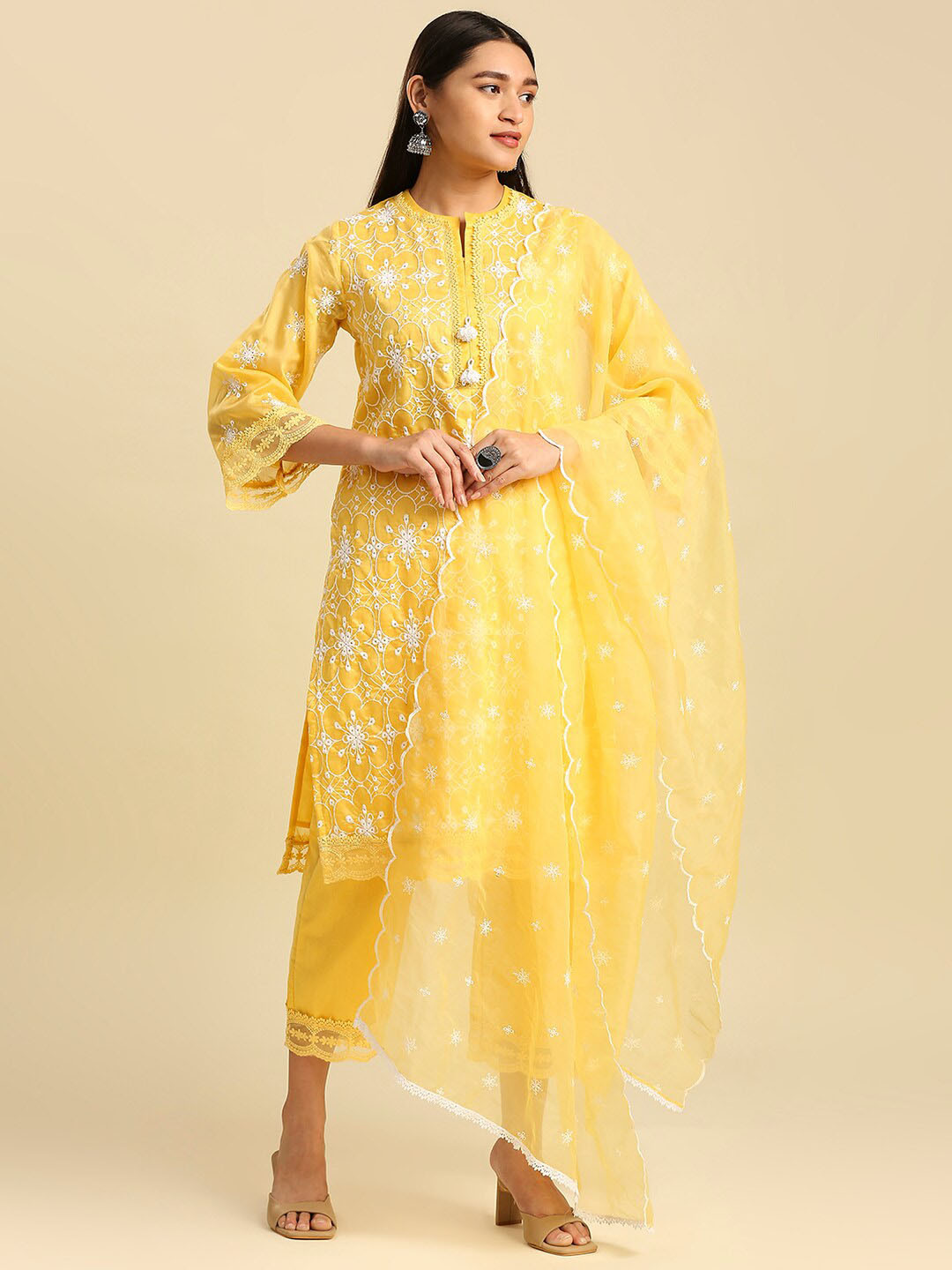 

Hakoba Ethnic Motif Embroidered Straight Kurta & Trousers With Dupatta, Yellow