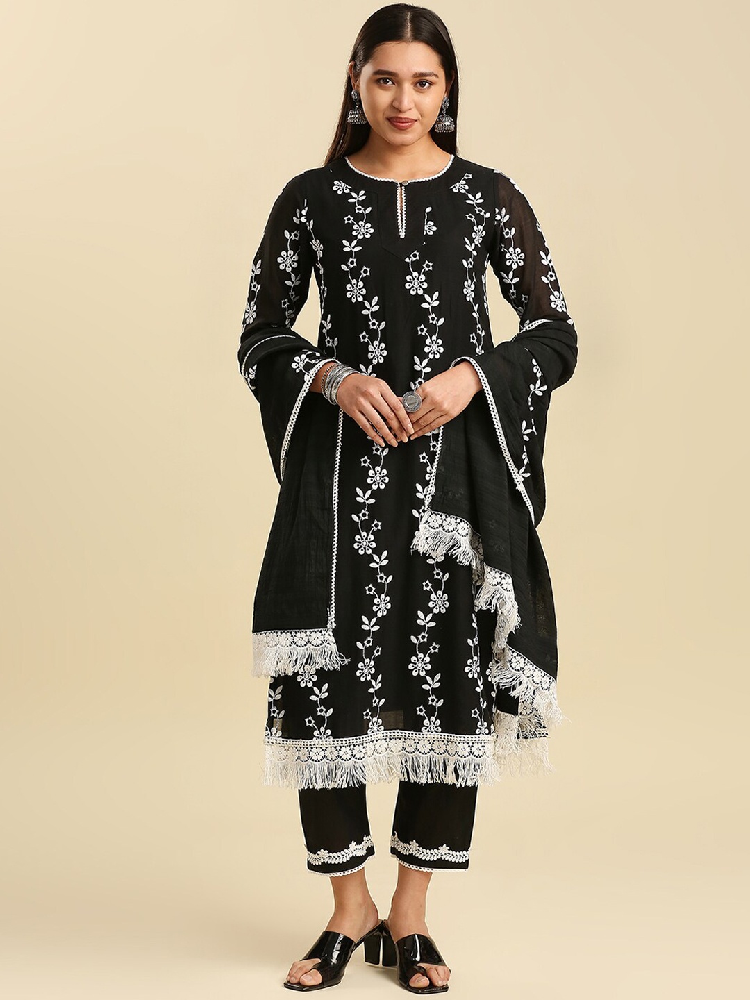 

Hakoba Floral Embroidered Pure Cotton Kurta With Trouser & Dupatta, Black