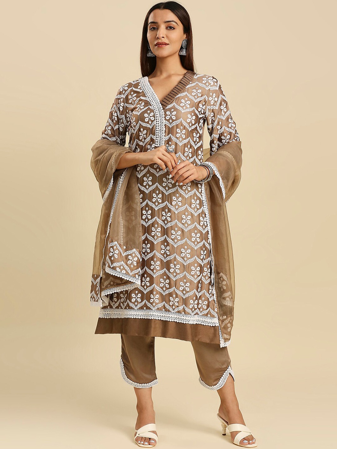 

Hakoba Floral Embroidered Satin Kurta With Trouser & With Dupatta, Brown