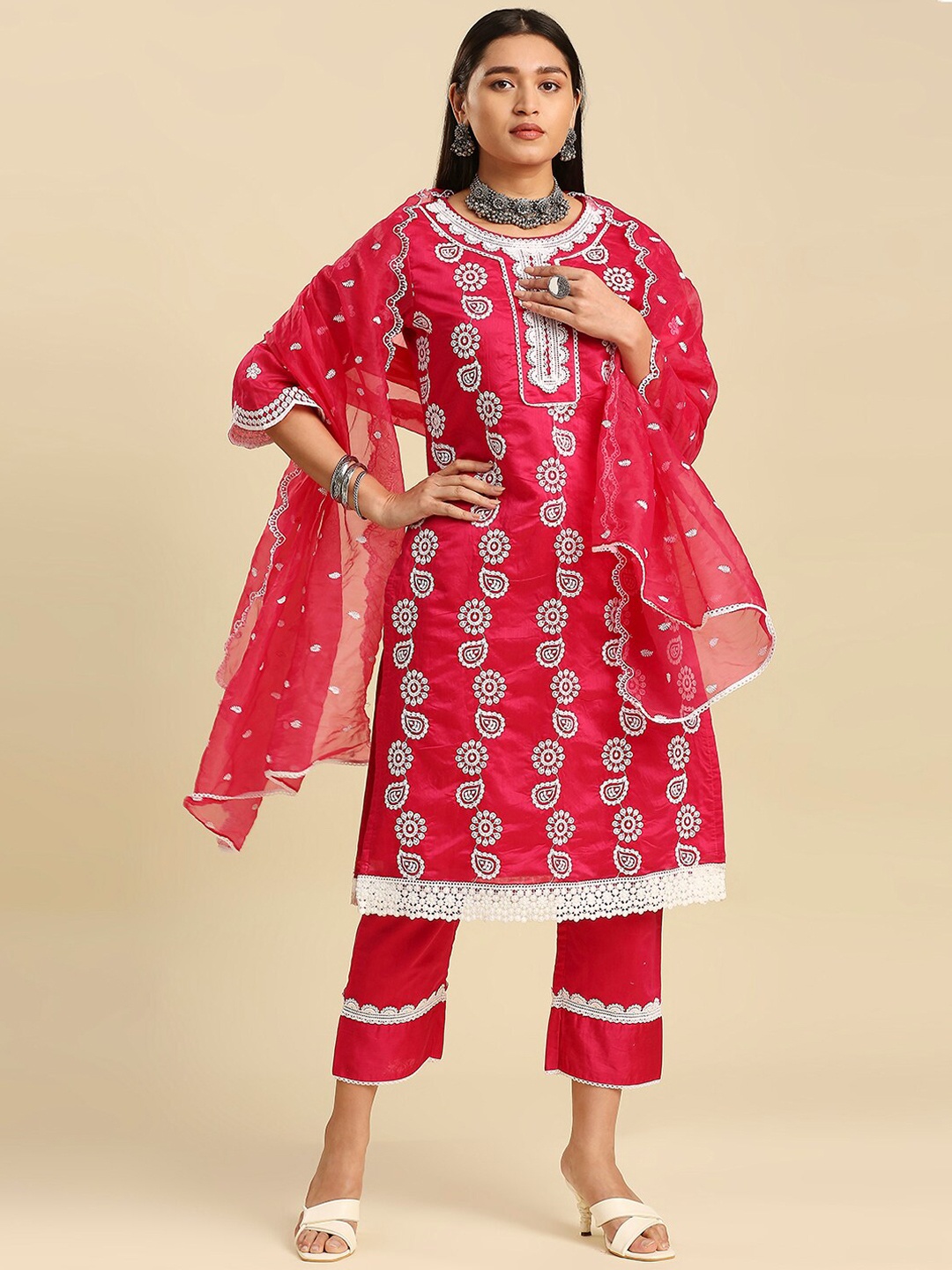 

Hakoba Floral Embroidered Chanderi Silk Kurta With Pyjamas & With Dupatta, Pink