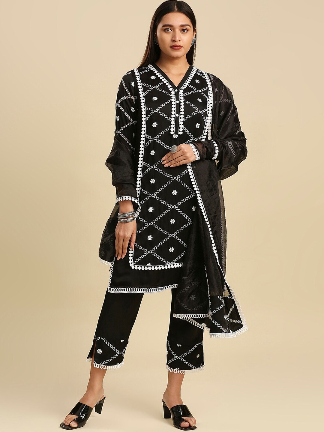 

Hakoba Ethnic Motif Embroidered Straight Kurta & Trousers With Dupatta, Black