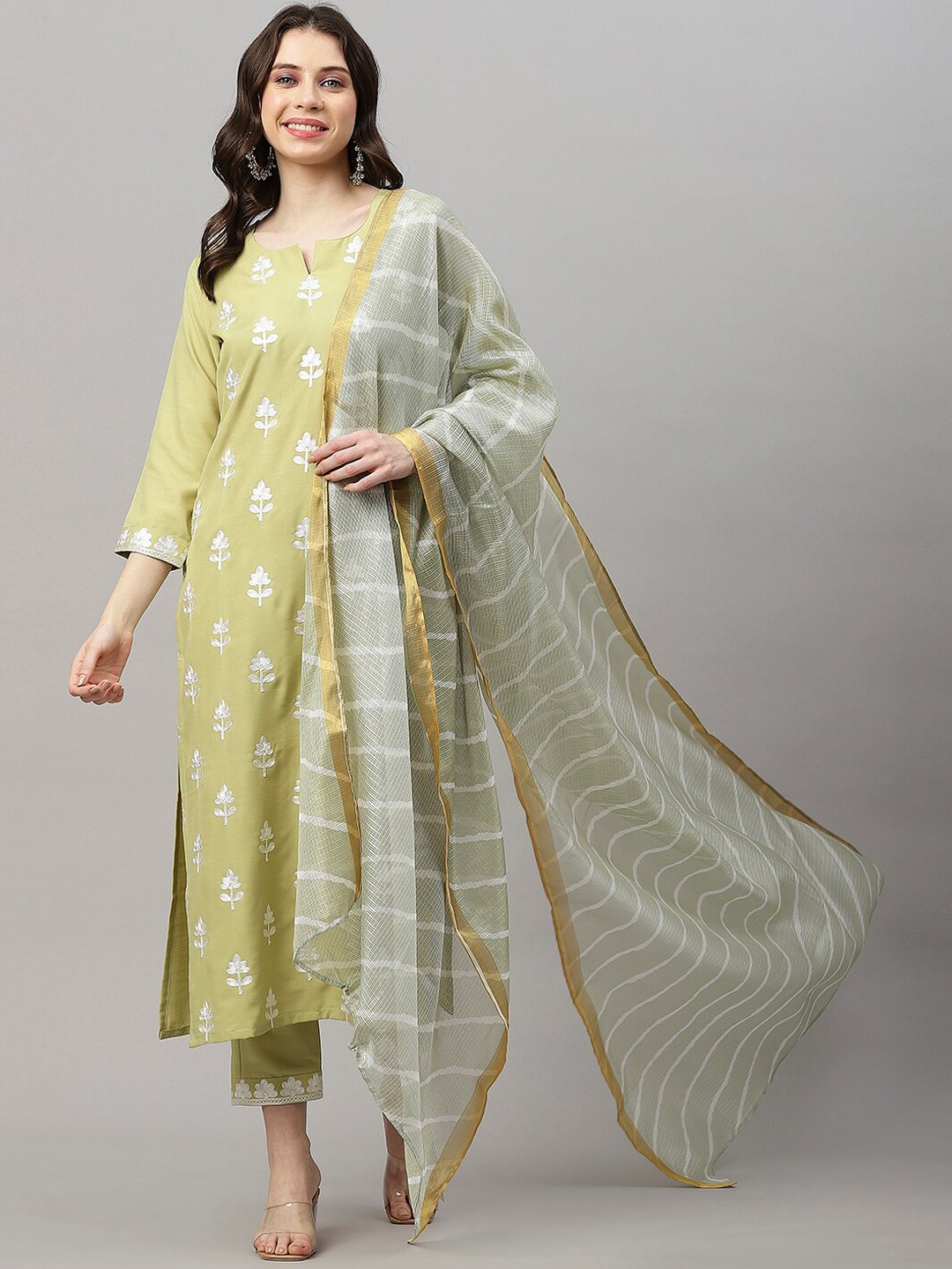 

KALINI Ethnic Motifs Embroidered Thread Work Detail Straight Kurta & Trouser With Dupatta, Olive