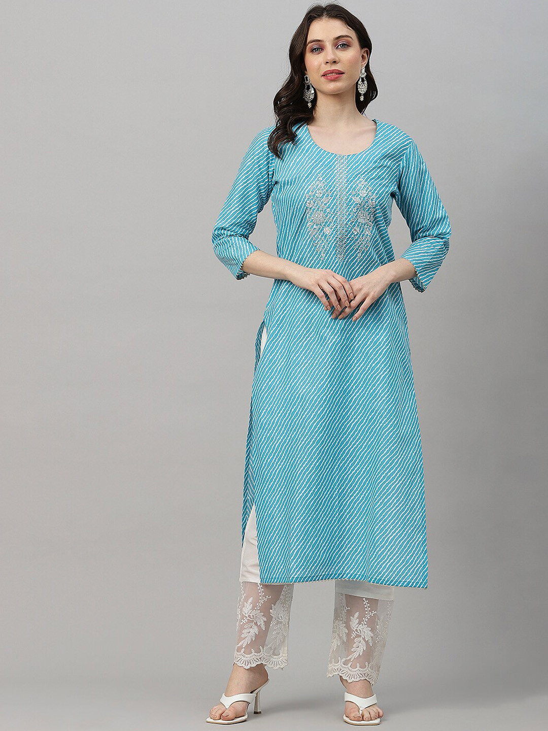 

KALINI Leheriya Printed Thread Work Detail Cotton Straight Kurta, Blue