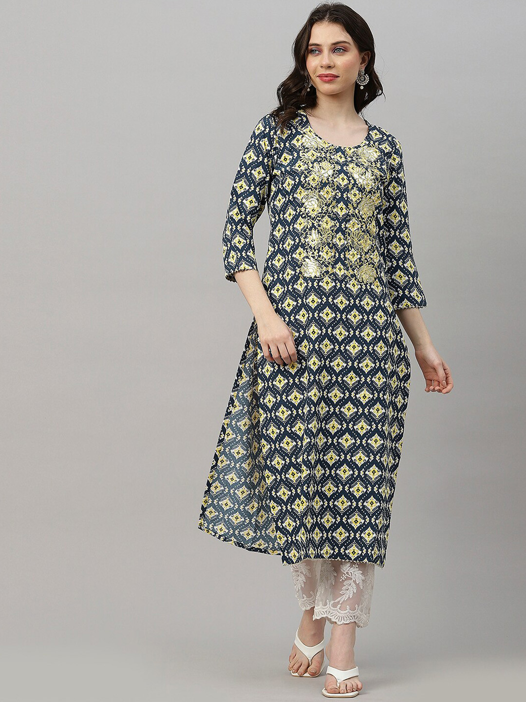 

KALINI Ethnic Motifs Printed Regular Thread Work Straight Kurta, Blue