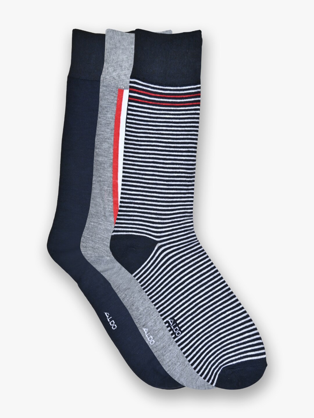 

ALDO Men Pack Of 3 Striped Cotton Calf-Length Socks, Navy blue