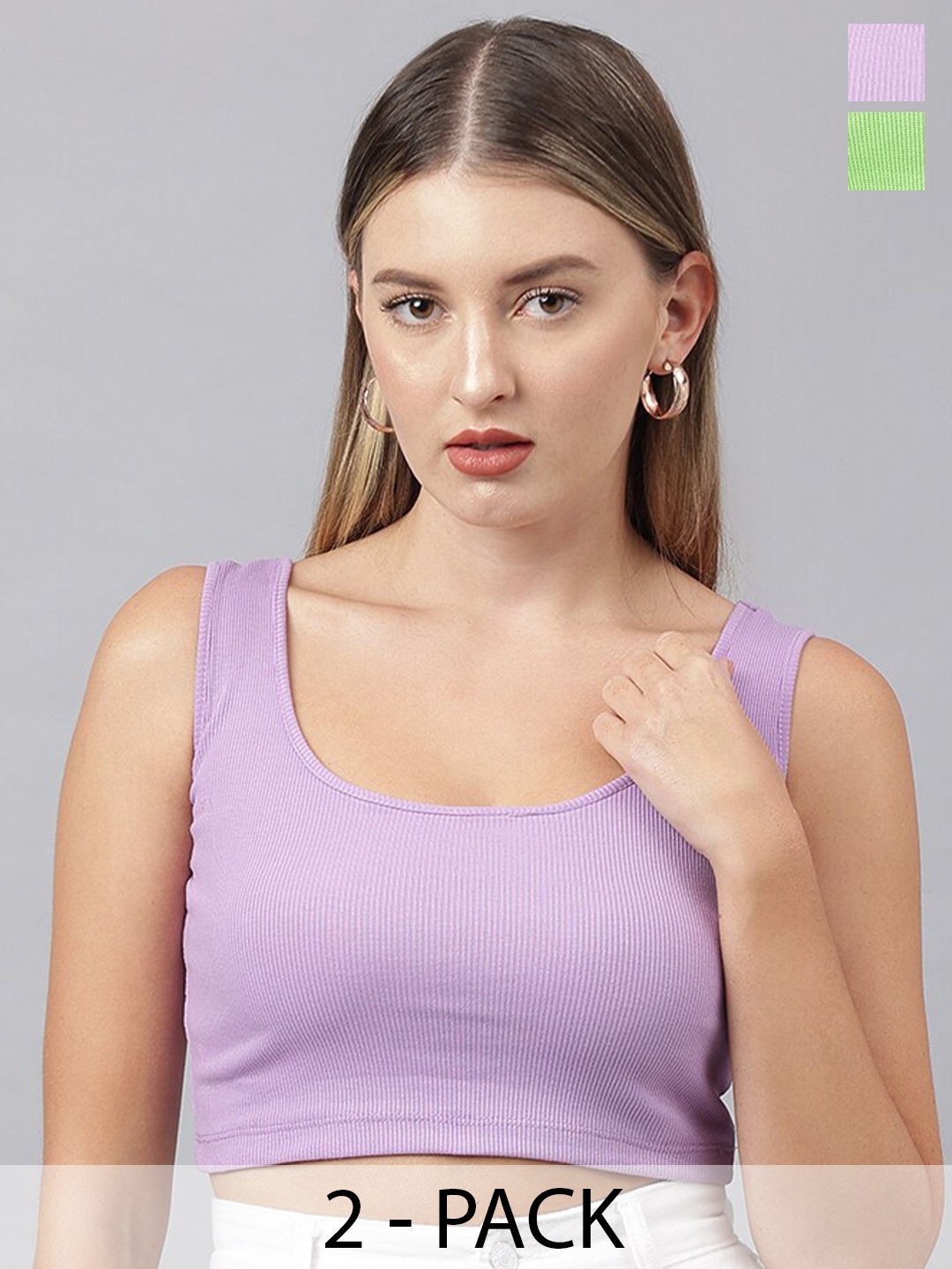 

COLOR CAPITAL Pack Of 2 Scoop Neck Sleeveless Ribbed Cotton Fitted Crop Top, Lavender