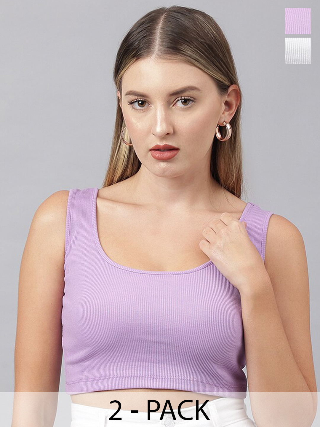 

COLOR CAPITAL Pack Of 2 Ribbed Fitted Cotton Crop Top, Lavender