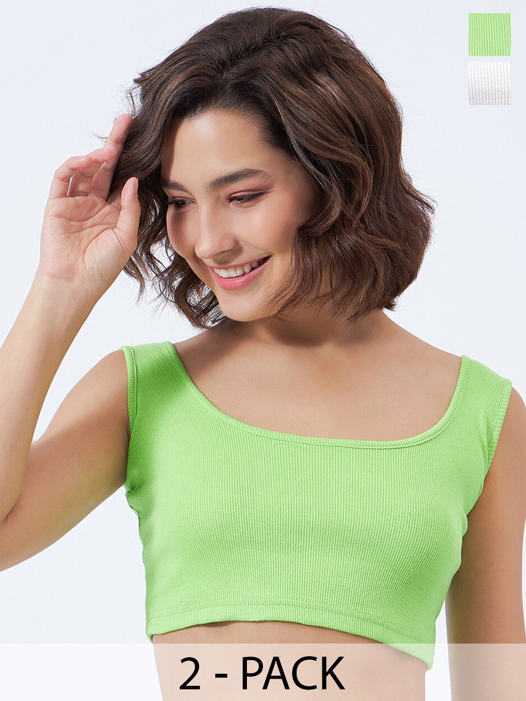 

COLOR CAPITAL Pack Of 2 Ribbed Fitted Cotton Crop Top, Green