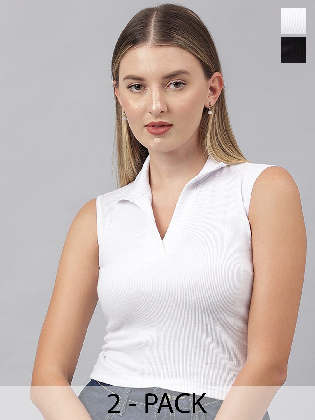 

COLOR CAPITAL Set Of 2 Shirt Collar Fitted Cropped Cotton Top, White
