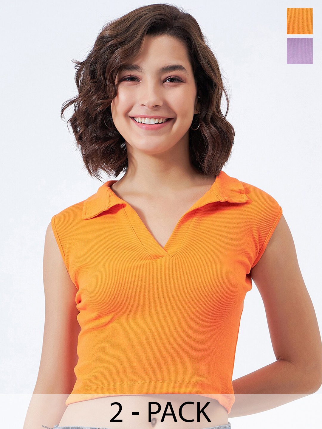 COLOR CAPITAL Pack Of 2 Ribbed Shirt Collar Cotton Crop Tops, Orange