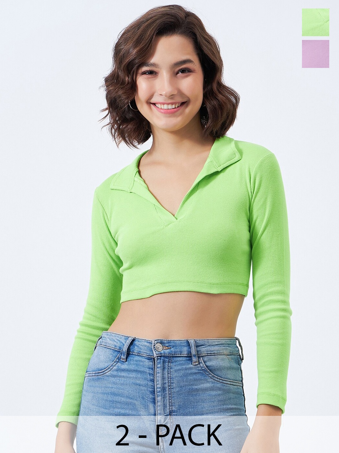 

COLOR CAPITAL Pack of 2 Shirt Collar Cropped Cotton Fitted Top, Green