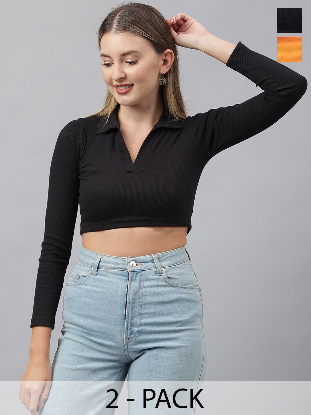 COLOR CAPITAL Pack Of 2 Ribbed Shirt Collar Cotton Crop Shirt Style Top, Black