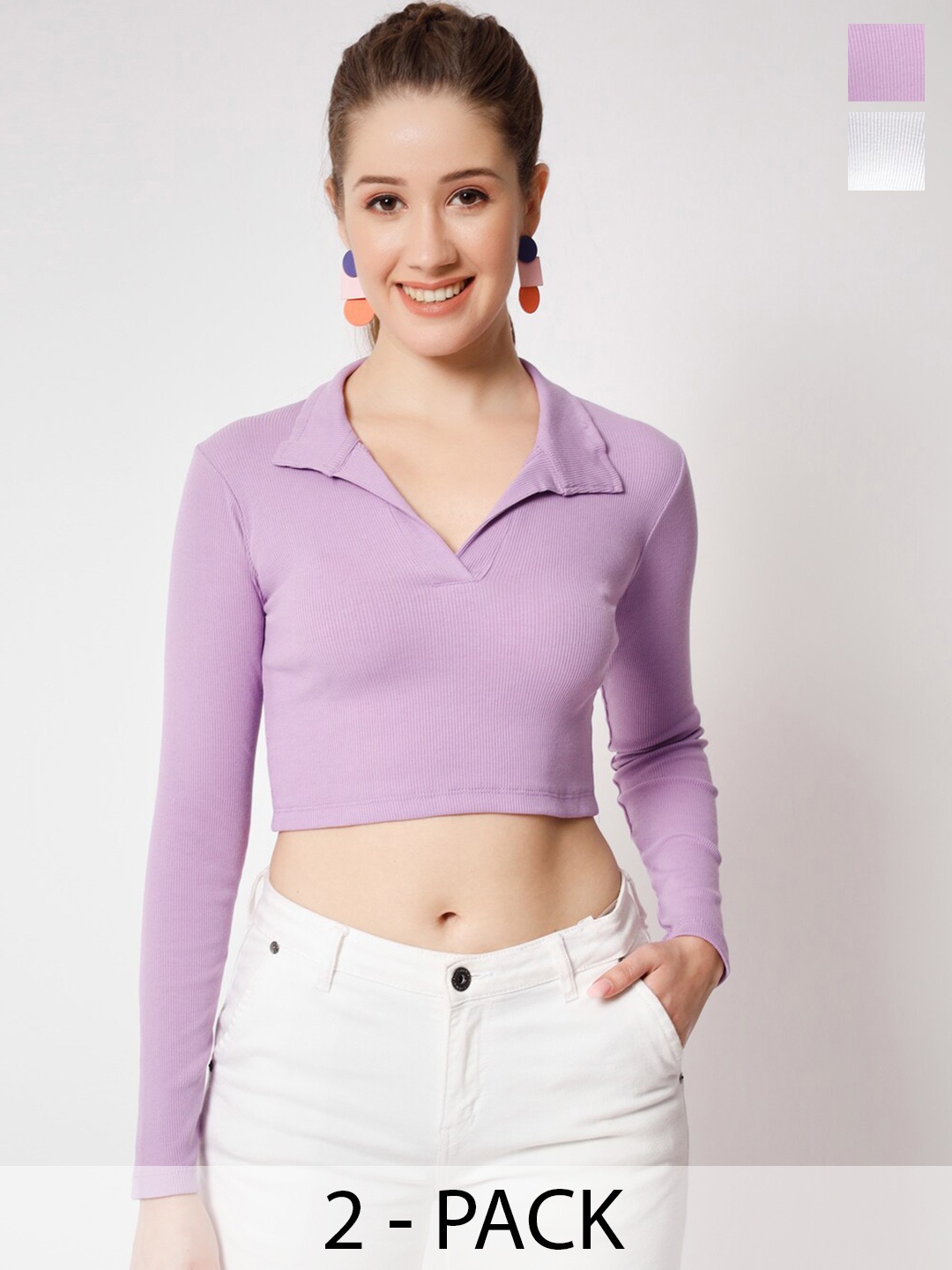 

COLOR CAPITAL Pack Of 2 Fitted Cotton Crop Top, Lavender