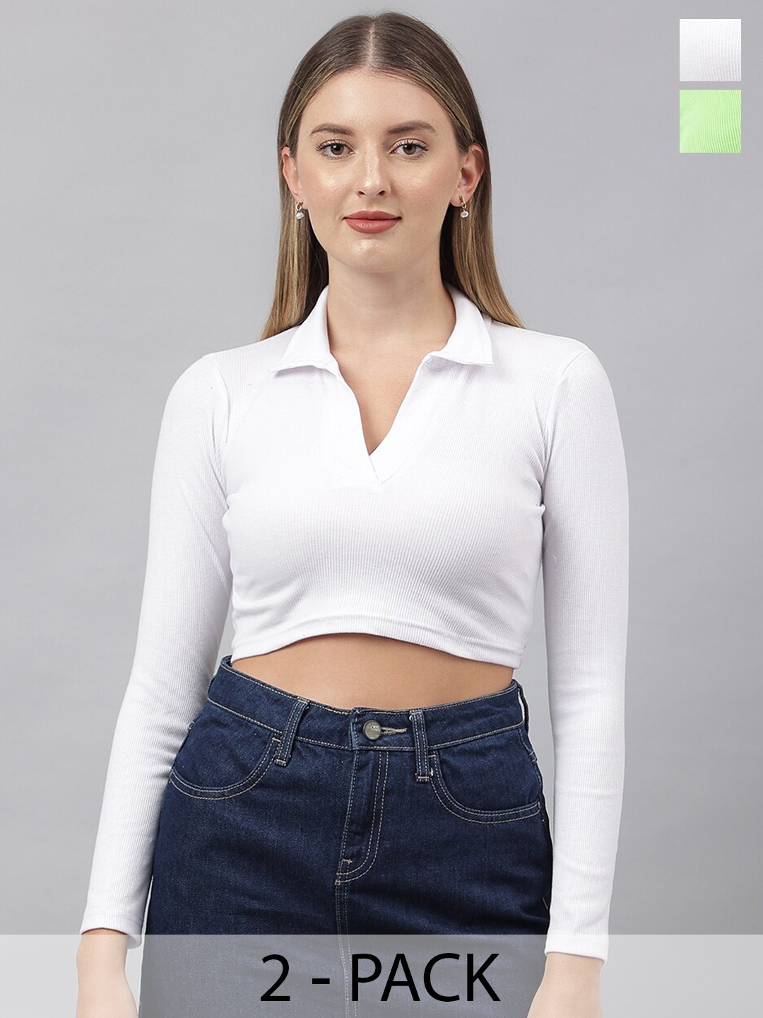 

COLOR CAPITAL Pack Of 2 Ribbed Cotton Crop Tops, White