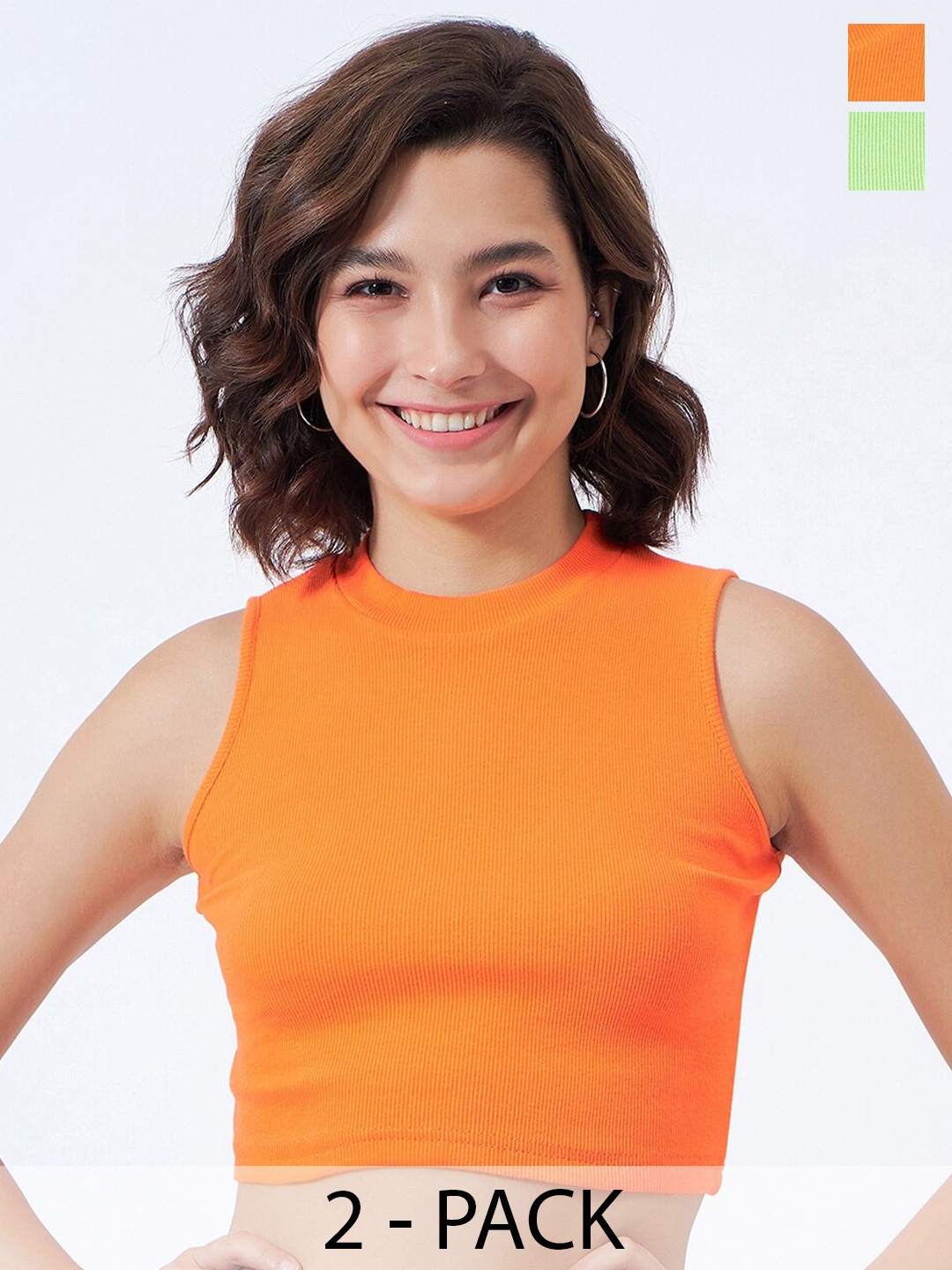 COLOR CAPITAL Pack of 2 Cotton High Neck Tank Crop Top, Orange
