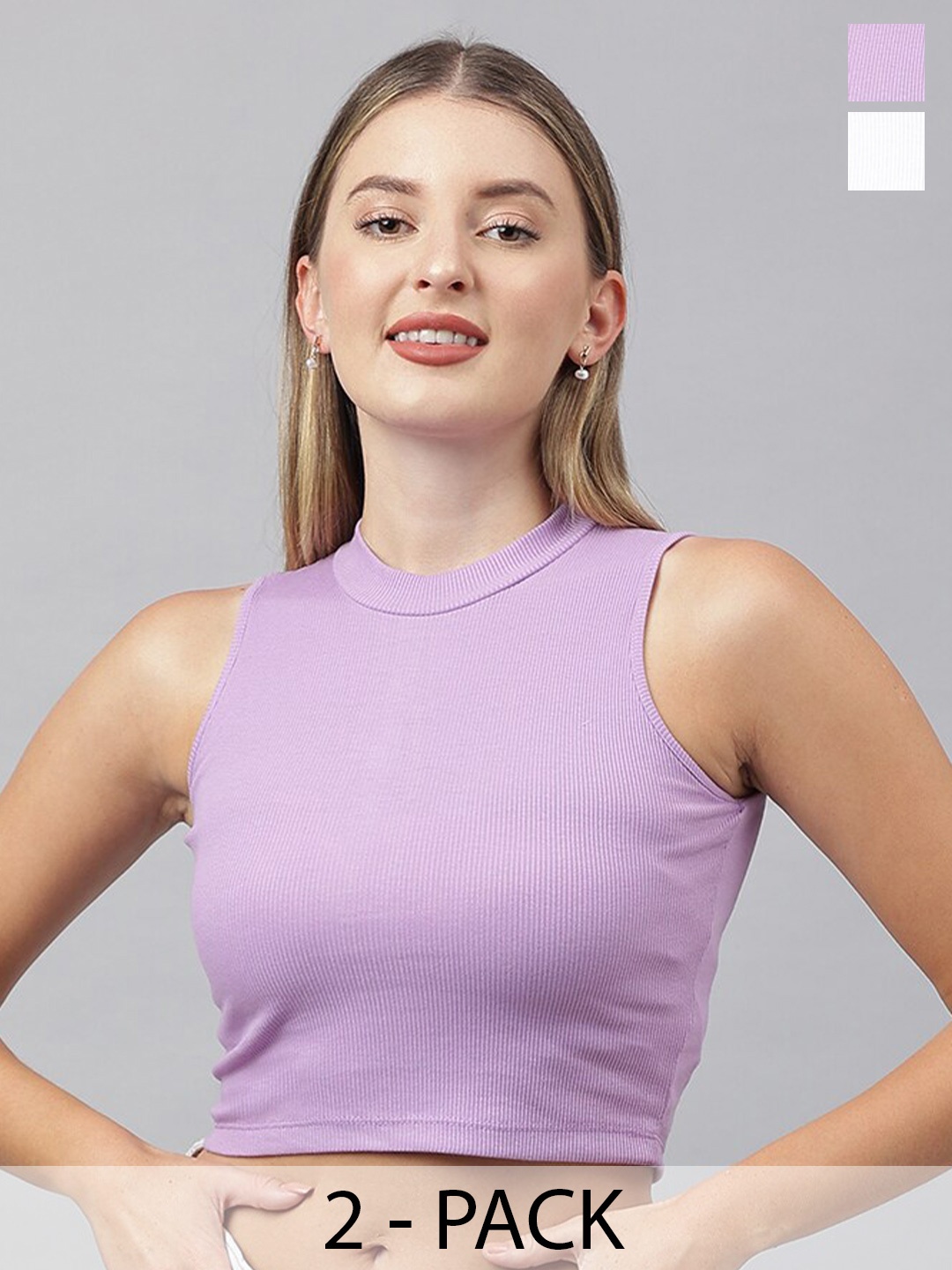 

COLOR CAPITAL Pack Of 2 Ribbed High Neck Cotton Crop Tops, Purple