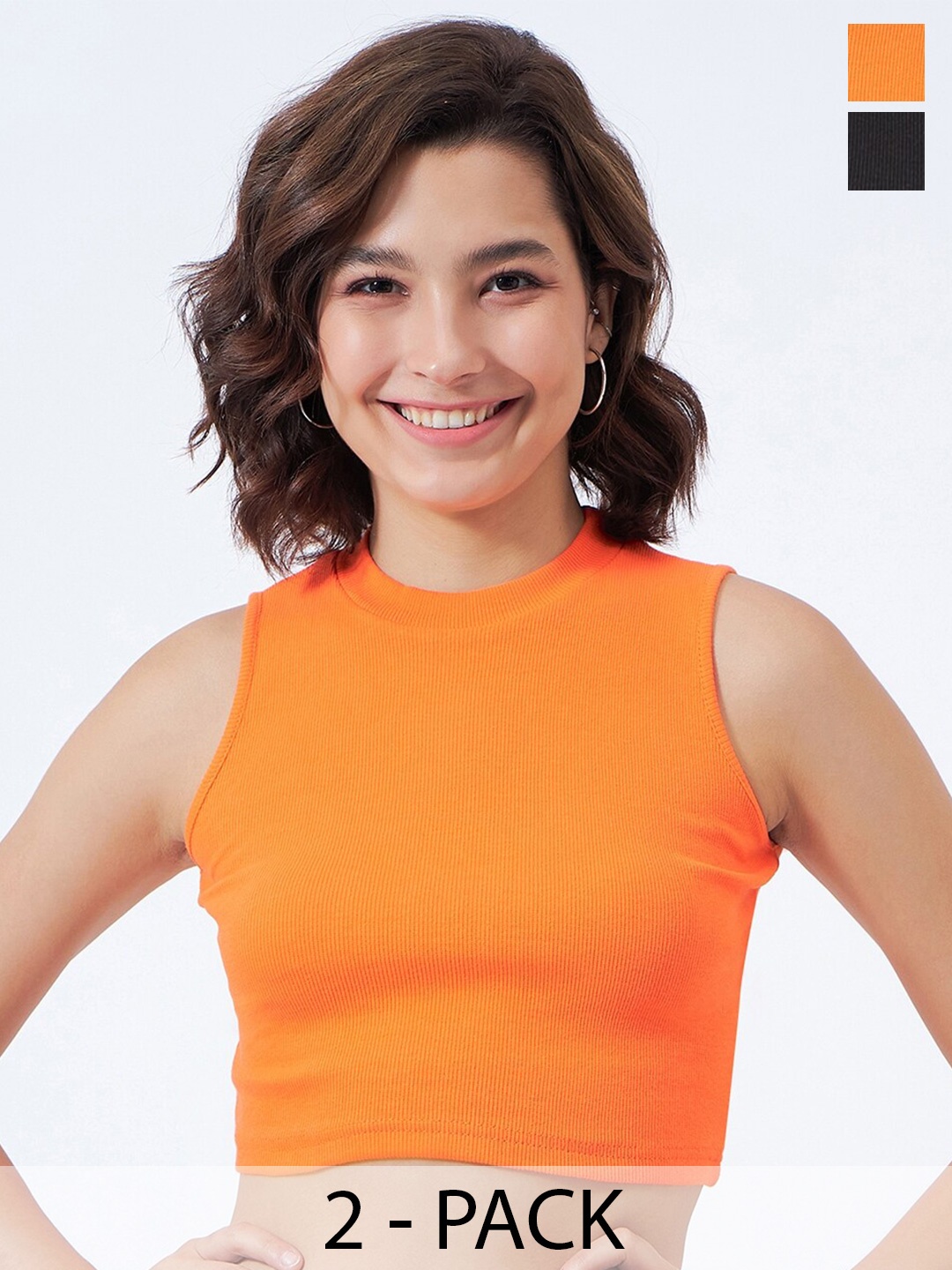 

COLOR CAPITAL Pack of 2 Cotton High Neck Tank Crop Top, Orange