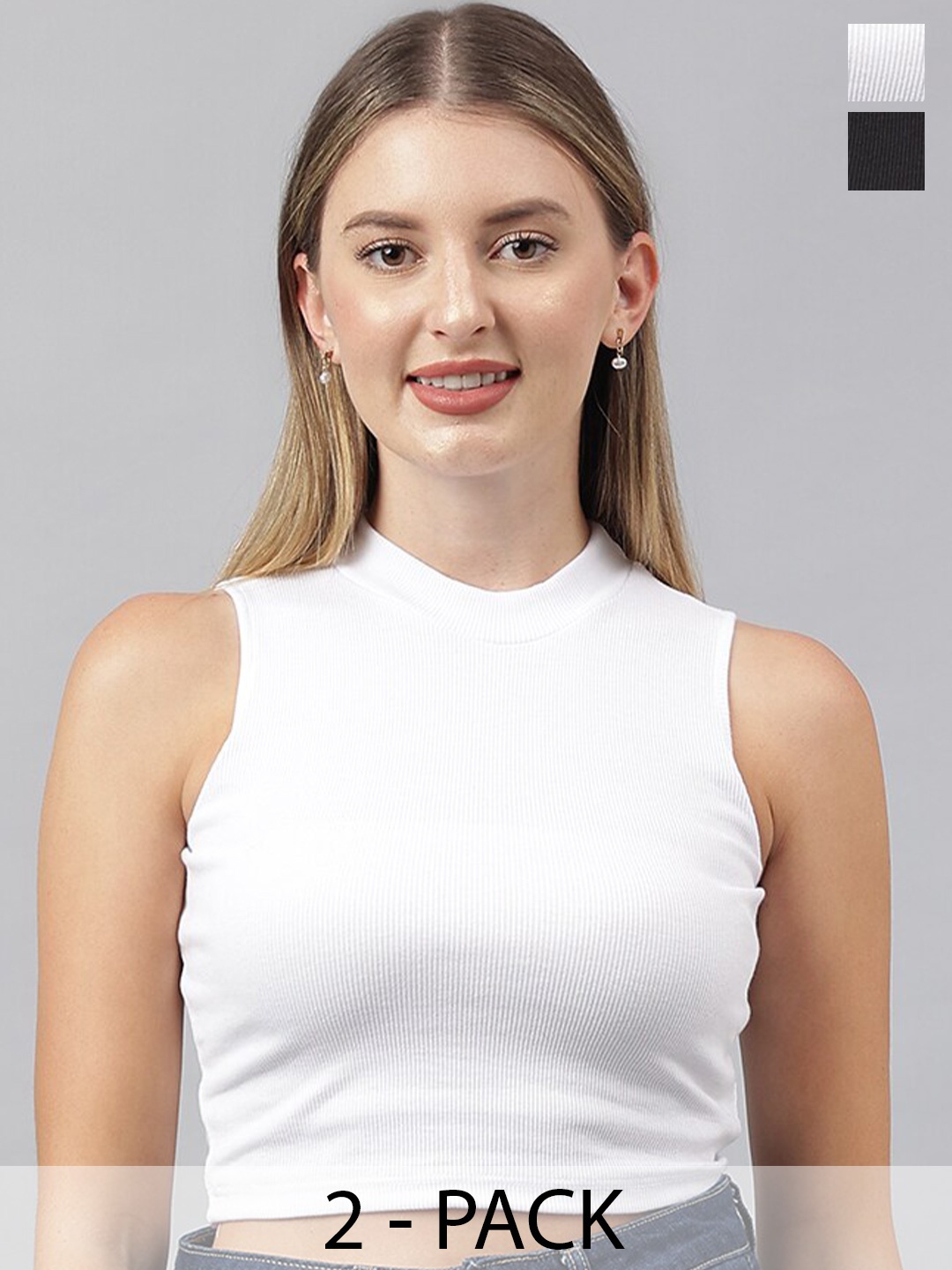 

COLOR CAPITAL Pack Of 2 High Neck Cotton Fitted Crop Top, White
