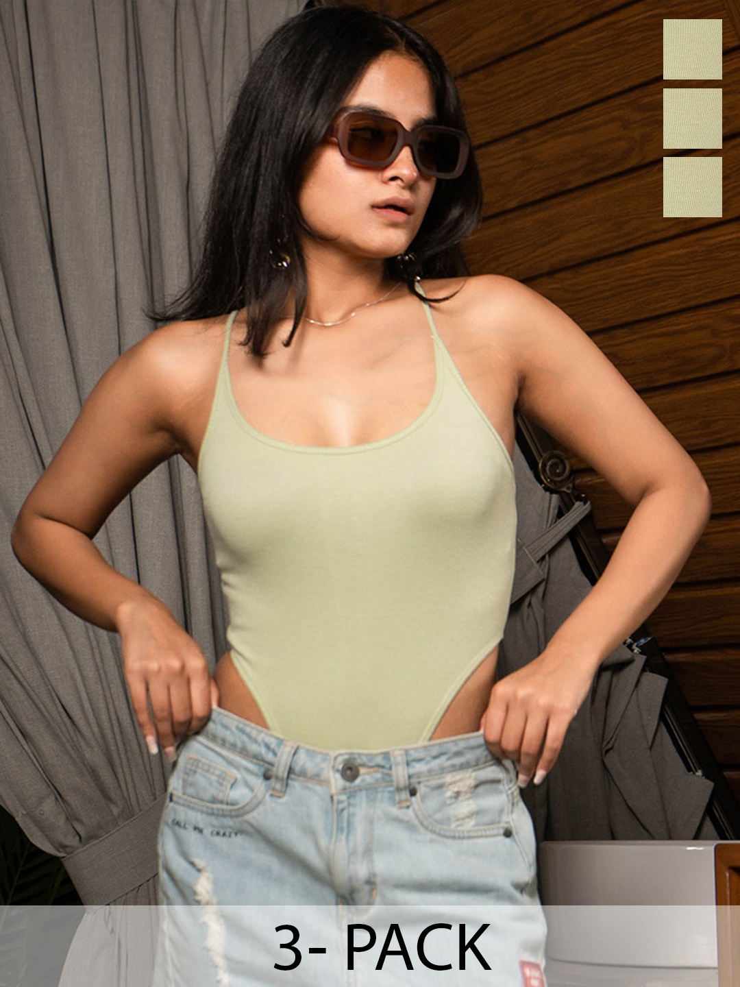 COLOR CAPITAL Pack of 3 Cotton Sleeveless Bodysuit, Green