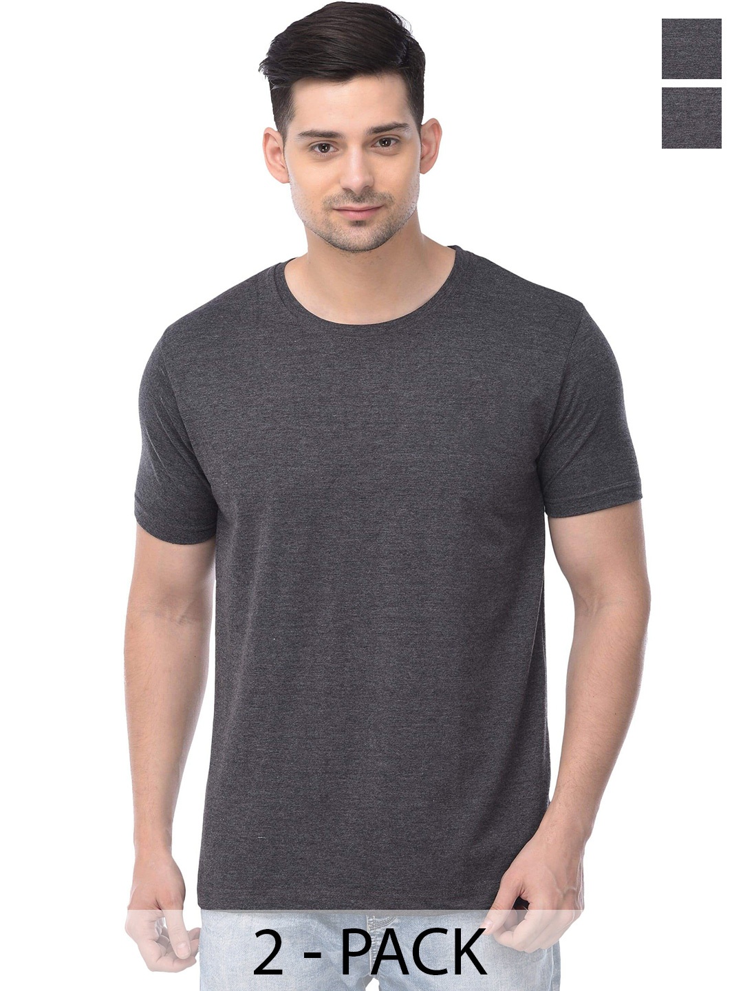 

COLOR CAPITAL Unisex Pack Of 2 Round Neck Cotton T-shirt, Charcoal