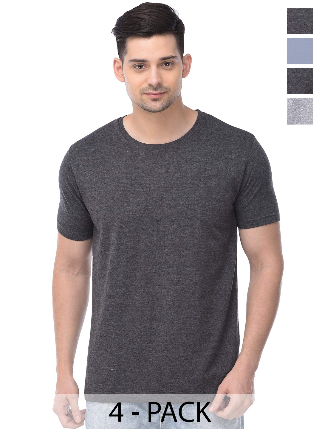 COLOR CAPITAL Unisex Pack Of 4 Round Neck Cotton T-shirt, Charcoal