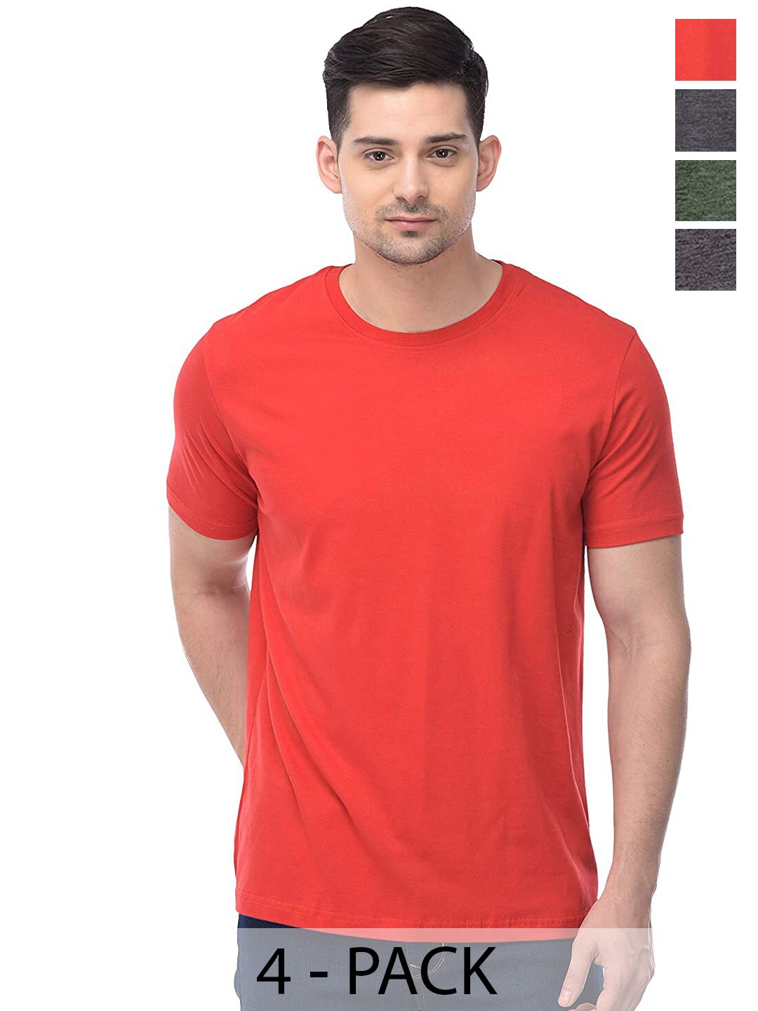 COLOR CAPITAL Unisex Pack Of 4 Round Neck Short Sleeves Cotton T-shirt, Red