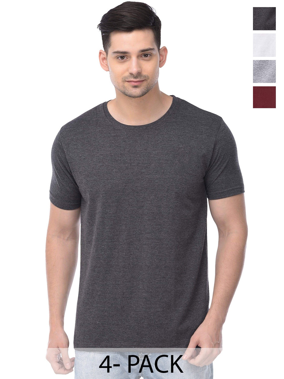 

COLOR CAPITAL Unisex Pack Of 4 Round Neck Cotton T-shirt, Grey
