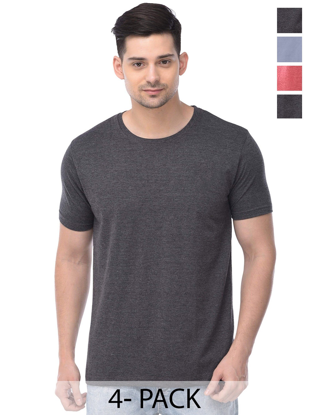 COLOR CAPITAL Unisex Pack Of 4 Round Neck Casual Cotton T-shirts, Charcoal