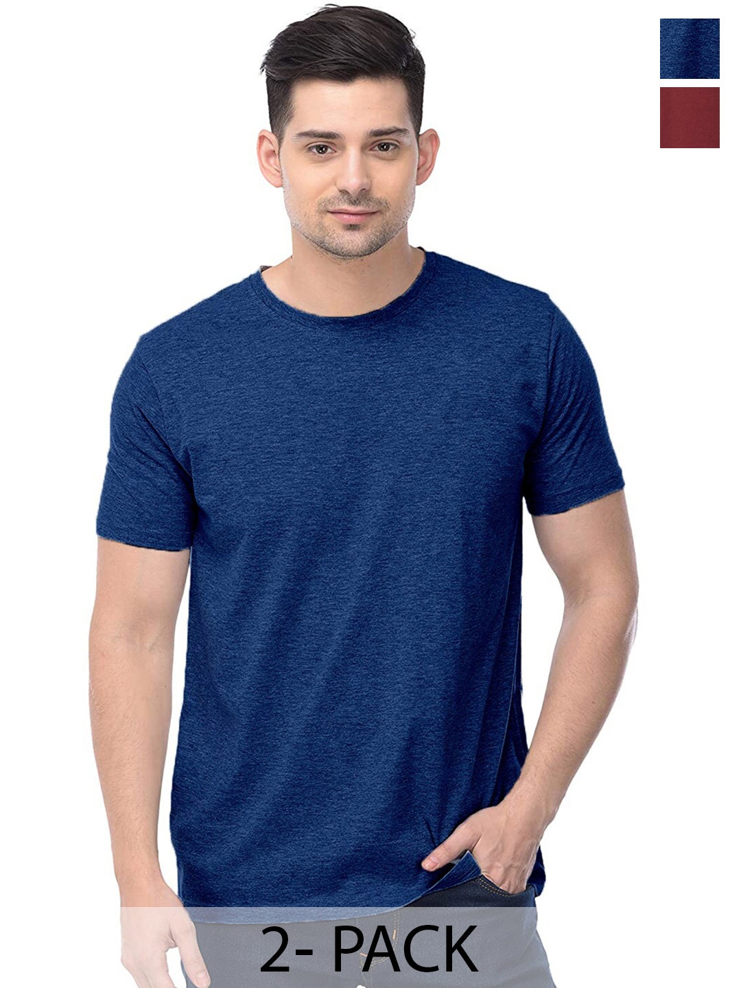 COLOR CAPITAL Unisex Pack Of 2 Round Neck Cotton T-shirt, Navy blue