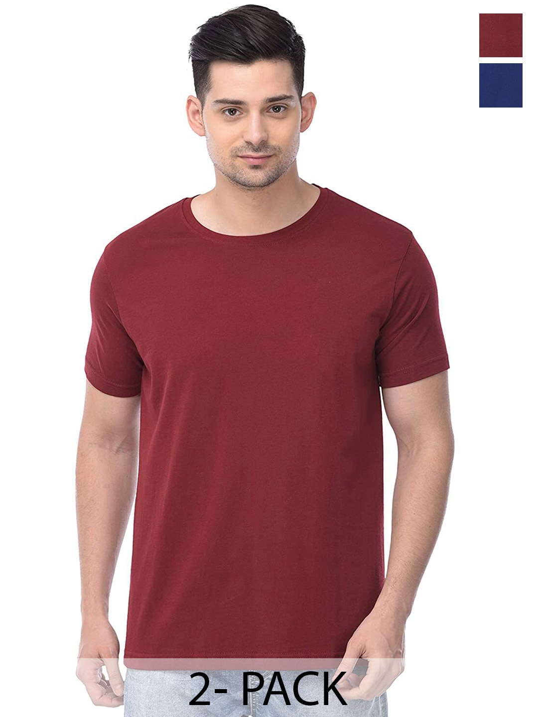 COLOR CAPITAL Unisex Pack Of 2 Round Neck Cotton T-shirt, Maroon