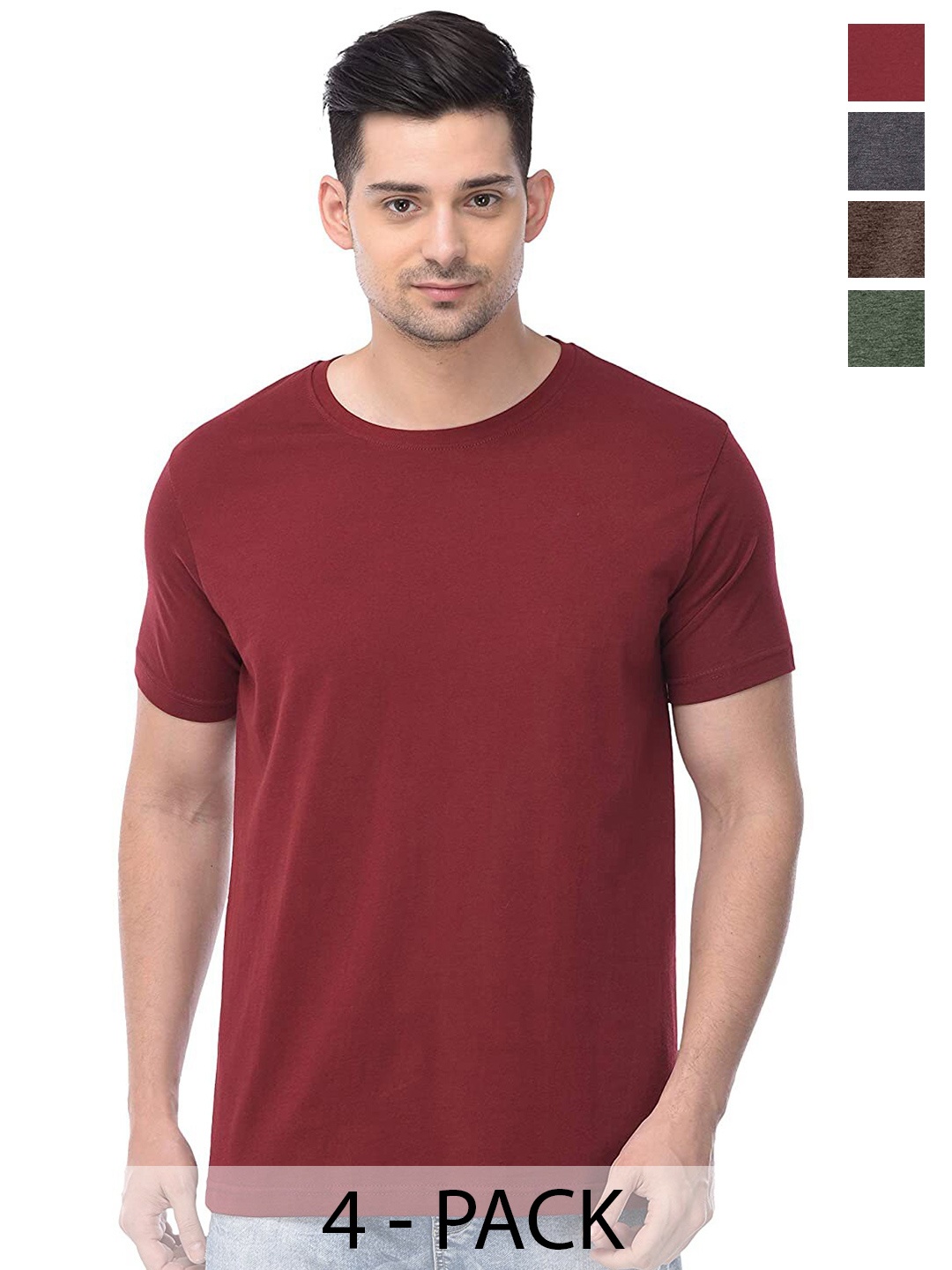 COLOR CAPITAL Unisex Pack Of 4 Round Neck Cotton T-shirt, Maroon