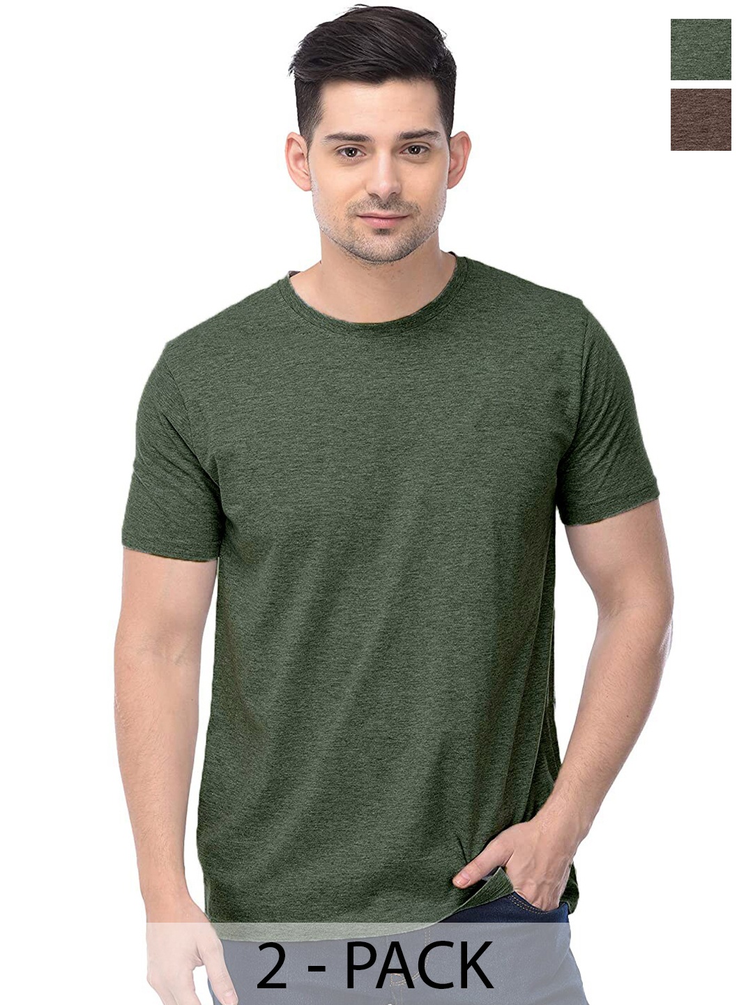 

COLOR CAPITAL Pack of 2 Round Neck Cotton T-Shirts, Green