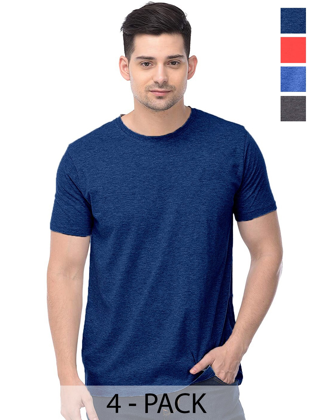 

COLOR CAPITAL Pack of 4 Round Neck Cotton T-Shirts, Navy blue