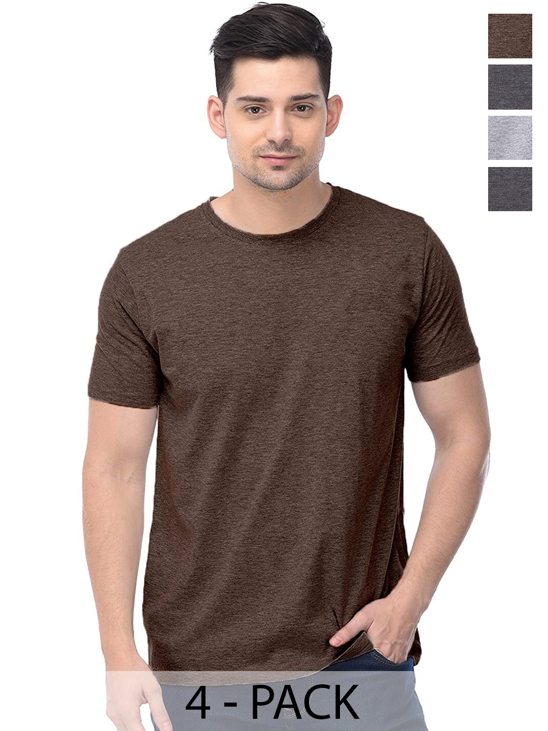 

COLOR CAPITAL Unisex Pack Of 4 Cotton T-Shirts, Coffee brown
