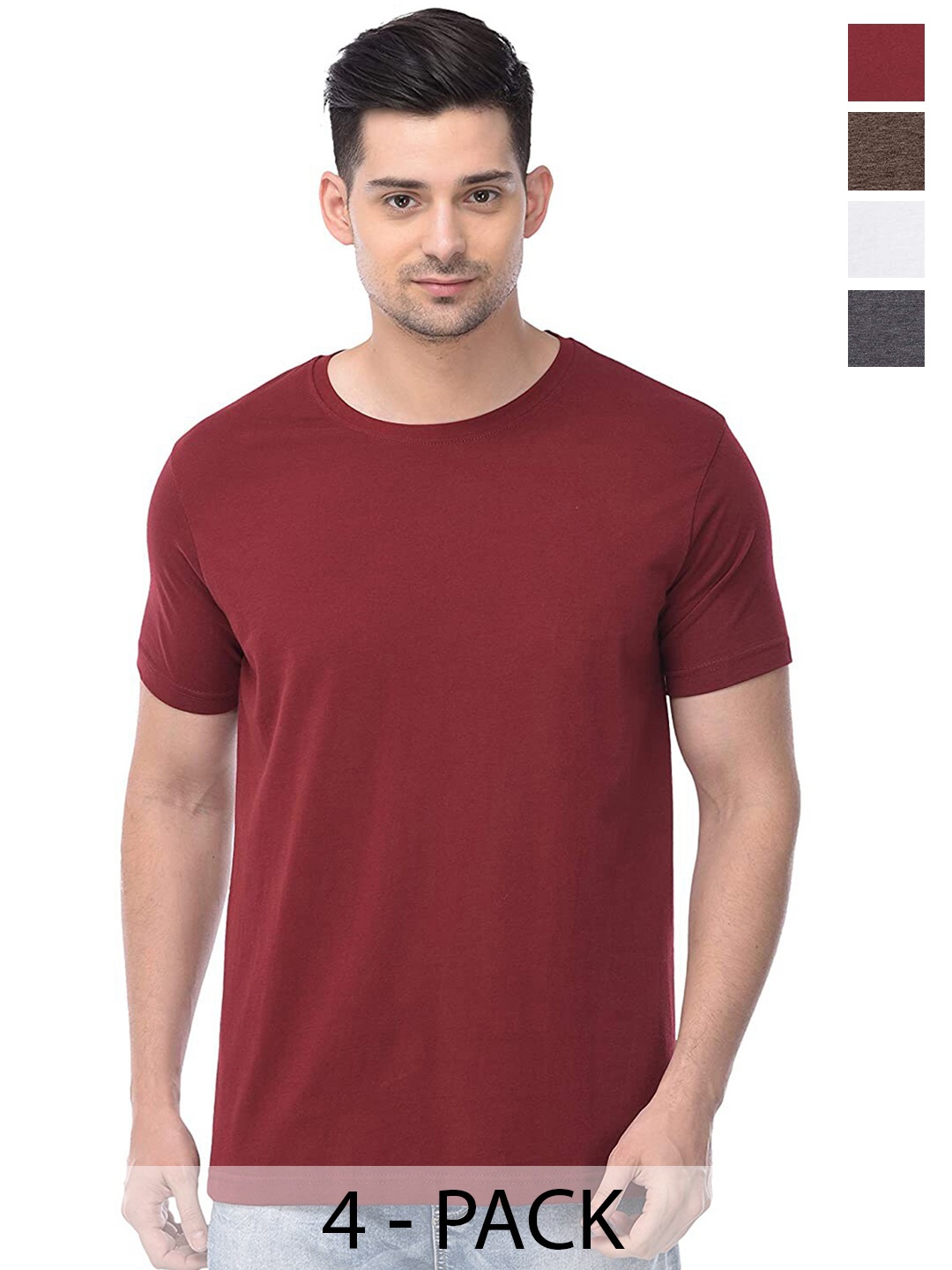 COLOR CAPITAL Pack of 4 Cotton Round Neck T-shirts, Maroon