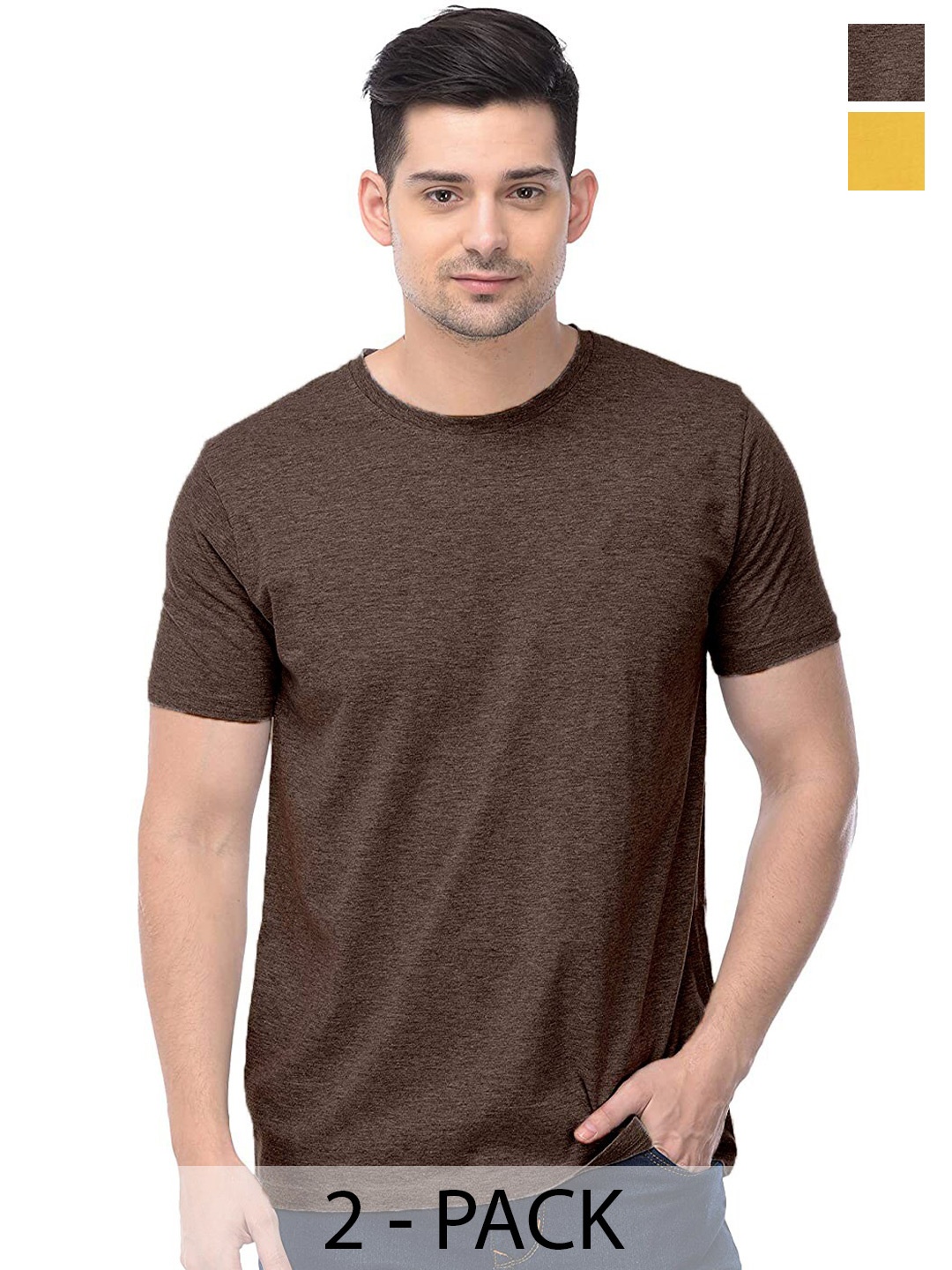 

COLOR CAPITAL Unisex Pack Of 2 Round Neck Cotton Casual T-shirt, Brown