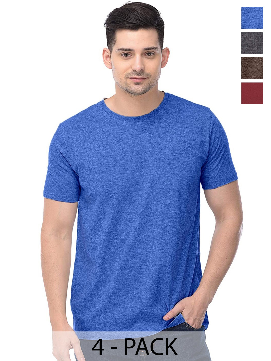 COLOR CAPITAL Unisex Pack Of 4 Round Neck Short Sleeves Cotton T-shirt, Blue