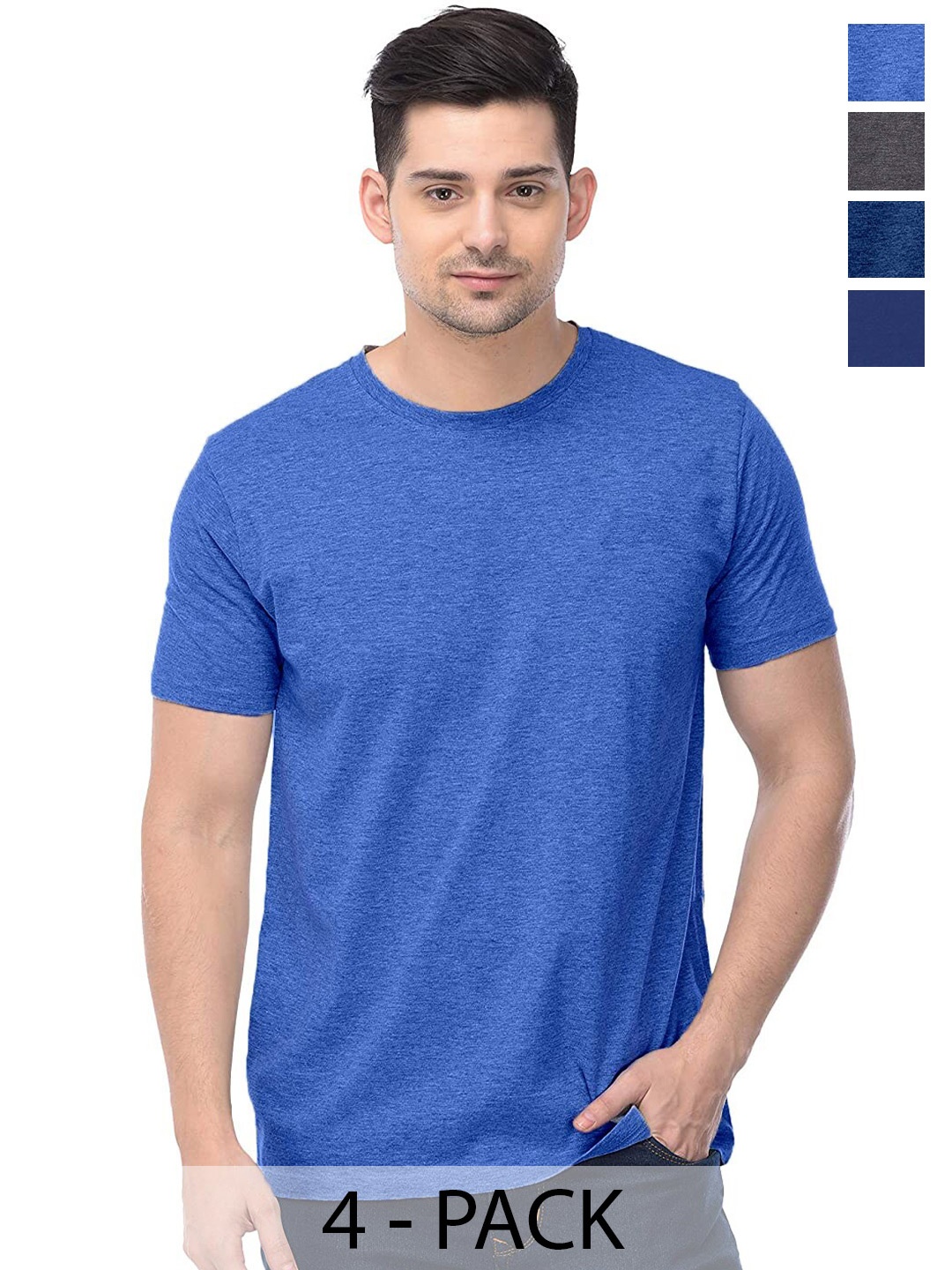

COLOR CAPITAL Unisex Pack Of 4 Round Neck Short Sleeves Cotton T-shirt, Blue