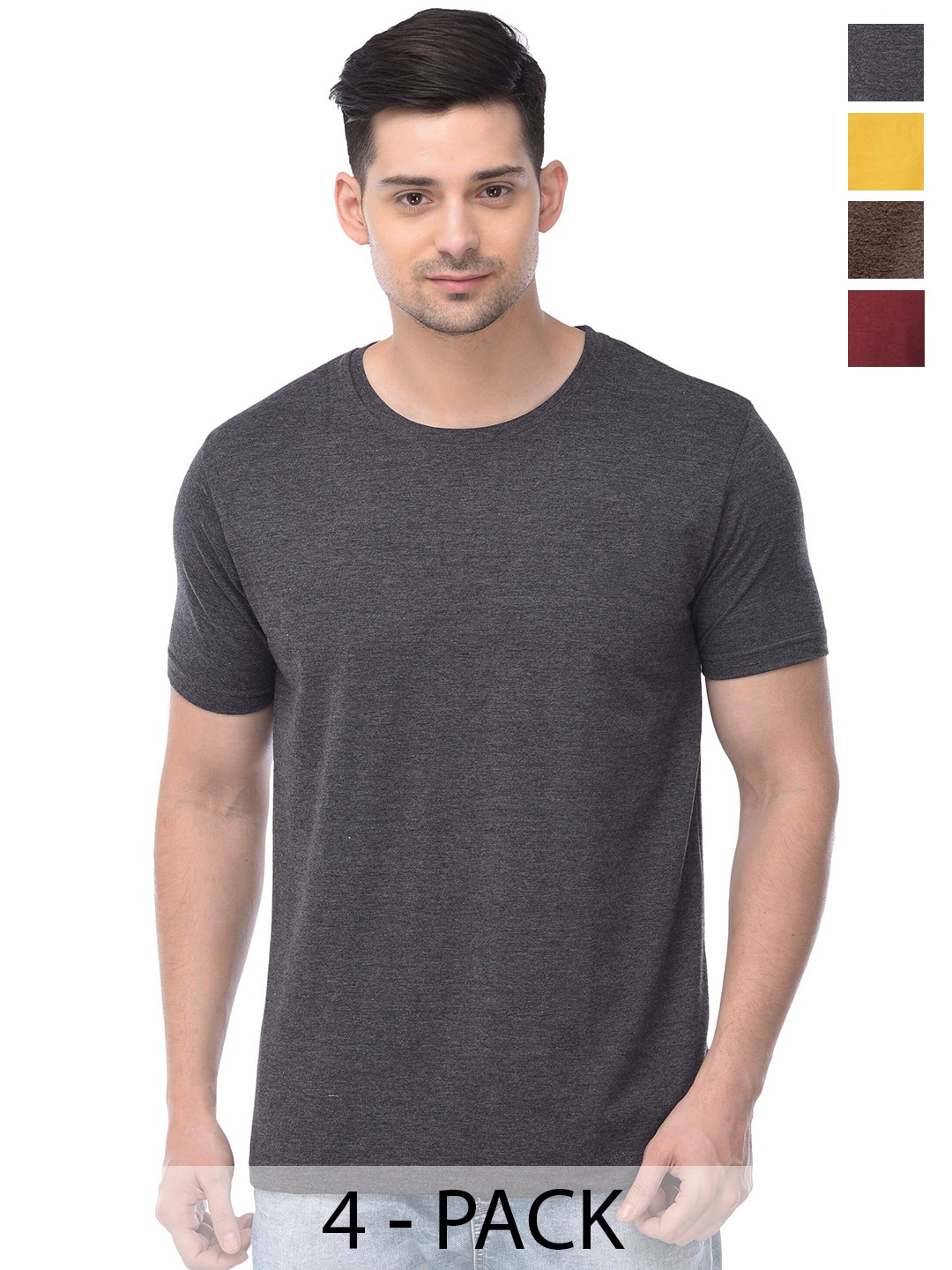 

COLOR CAPITAL Unisex Pack Of 4 Round Neck Casual Cotton T-shirts, Charcoal